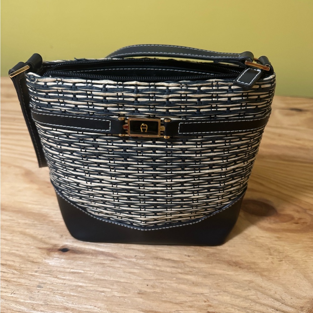 Vintage Etienne Aigner Handbag Purse Black & Tan Woven Jute Faux Leather